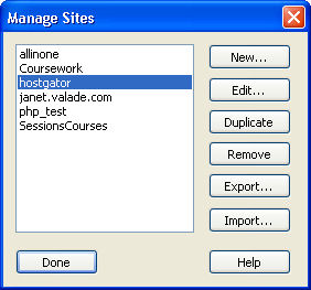 mange sites dialog box