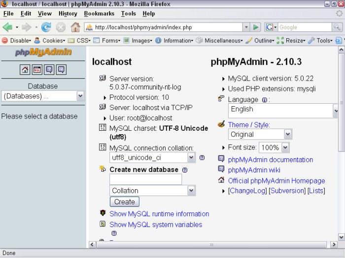 phpMyAdmin main Web page